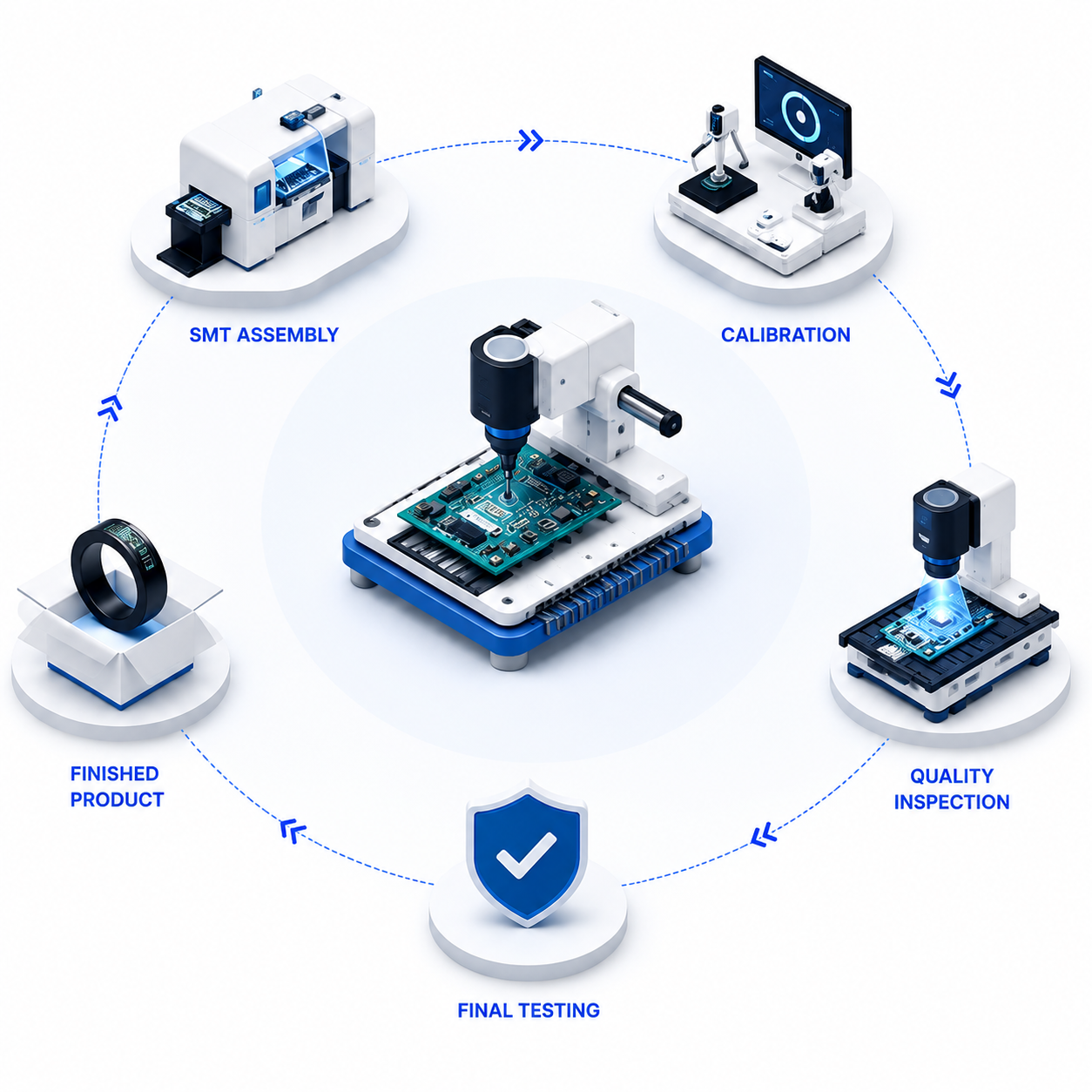 ShenzhenRZT manufacturing process — SMT assembly, calibration, quality inspection, and final testing